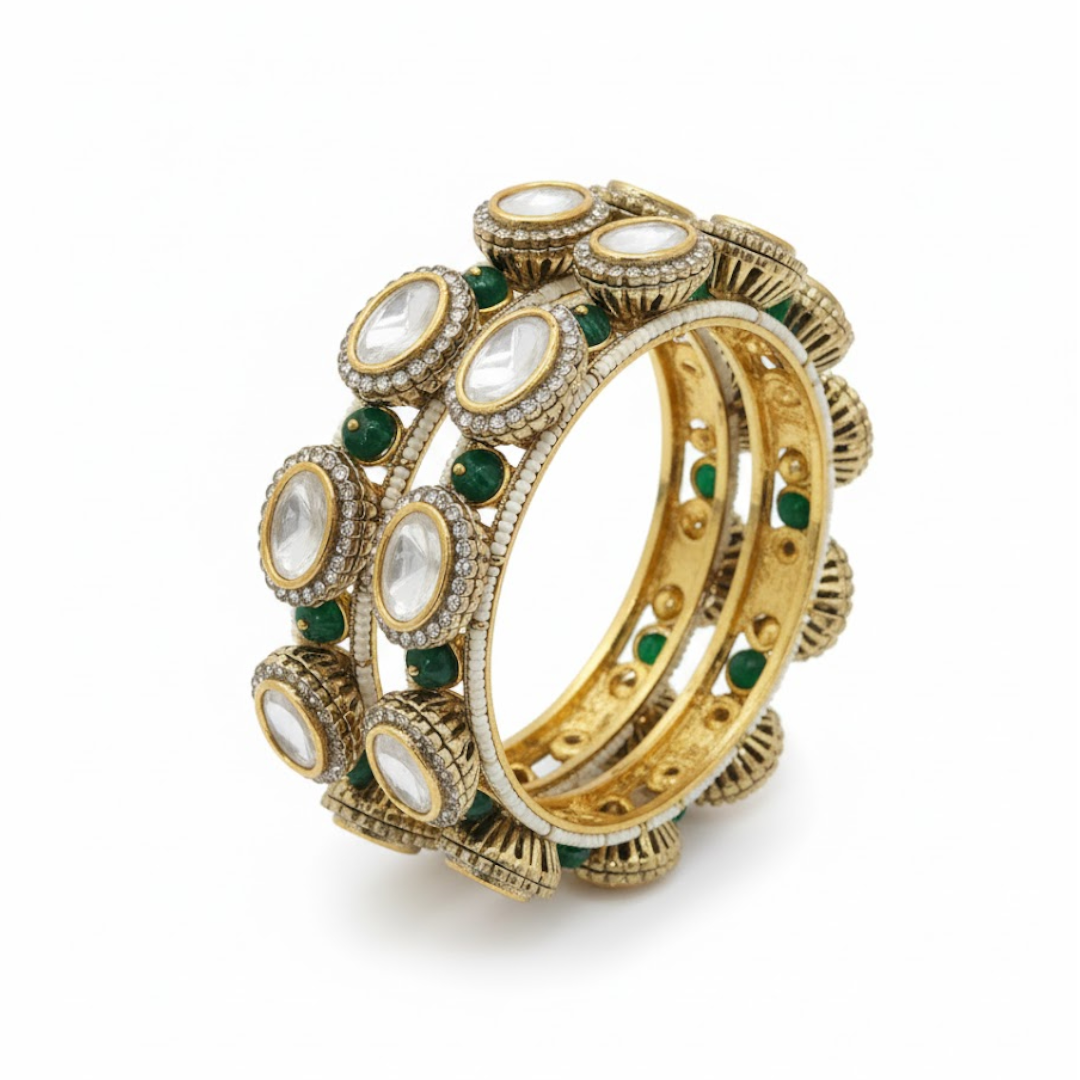 Gold-Plated Kundan & Green Stone Embellished Traditional Bangles for Women