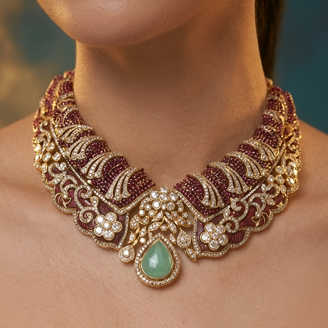 Designer ruby red kundan choker necklace set with sparkling crystal detailing, mint green teardrop gemstone centerpiece, and matching earrings for bridal and festive occasions.