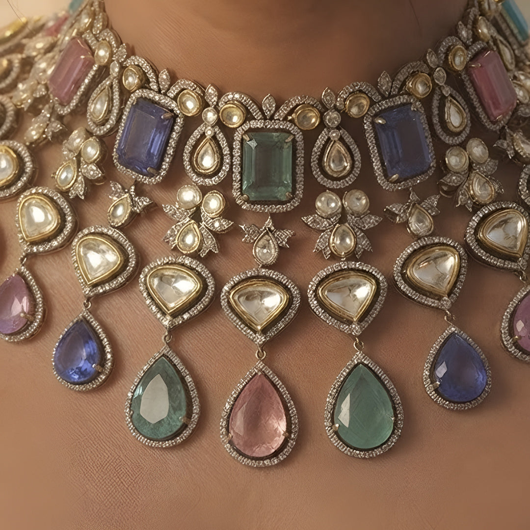 Luxury multicolor Kundan choker necklace set with matching earrings in antique gold finish for bridal, wedding, and festive wear.