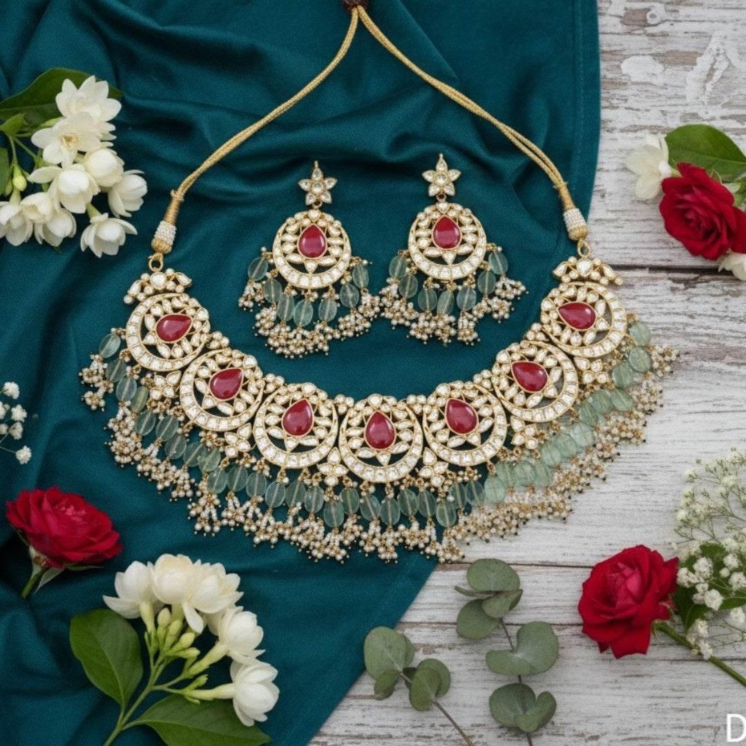 Designer Kundan & Ruby Stone Choker Necklace Set with Green Beads & Earrings - Auraa Trends