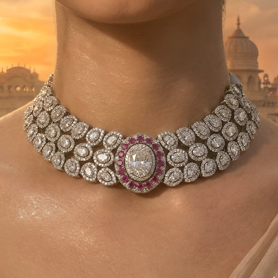 Royal pink stone and American diamond bridal choker necklace set with matching earrings in antique gold finish