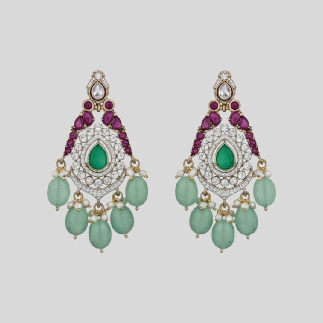 Triple Layer Green & Purple Stone AD Necklace Set for Women