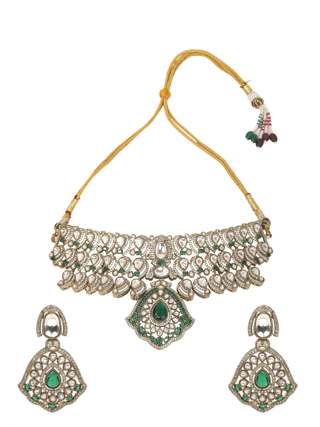 Traditional Kundan choker necklace set with green stones and matching earrings