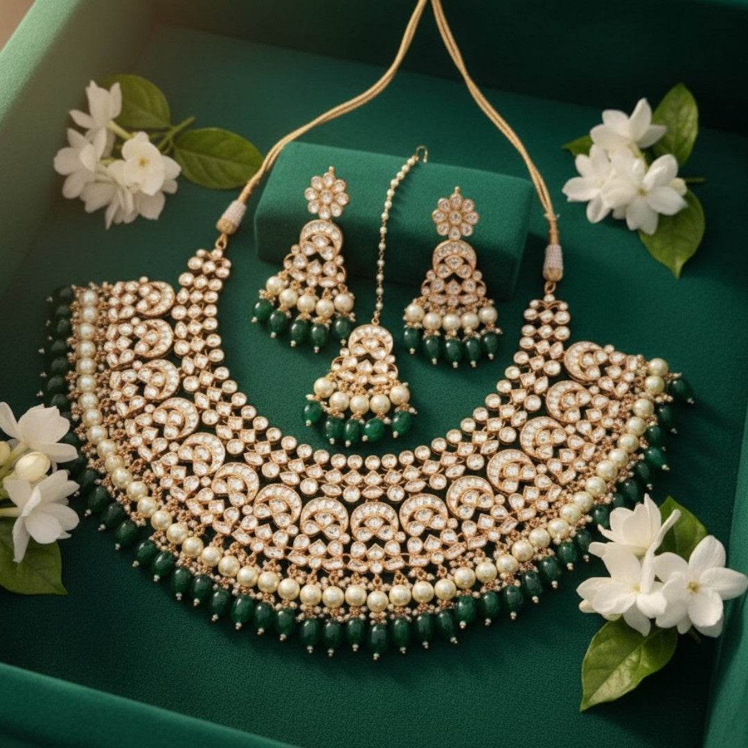 Bridal Kundan Choker Necklace Set with Green Beads & Pearls - Auraa Trends