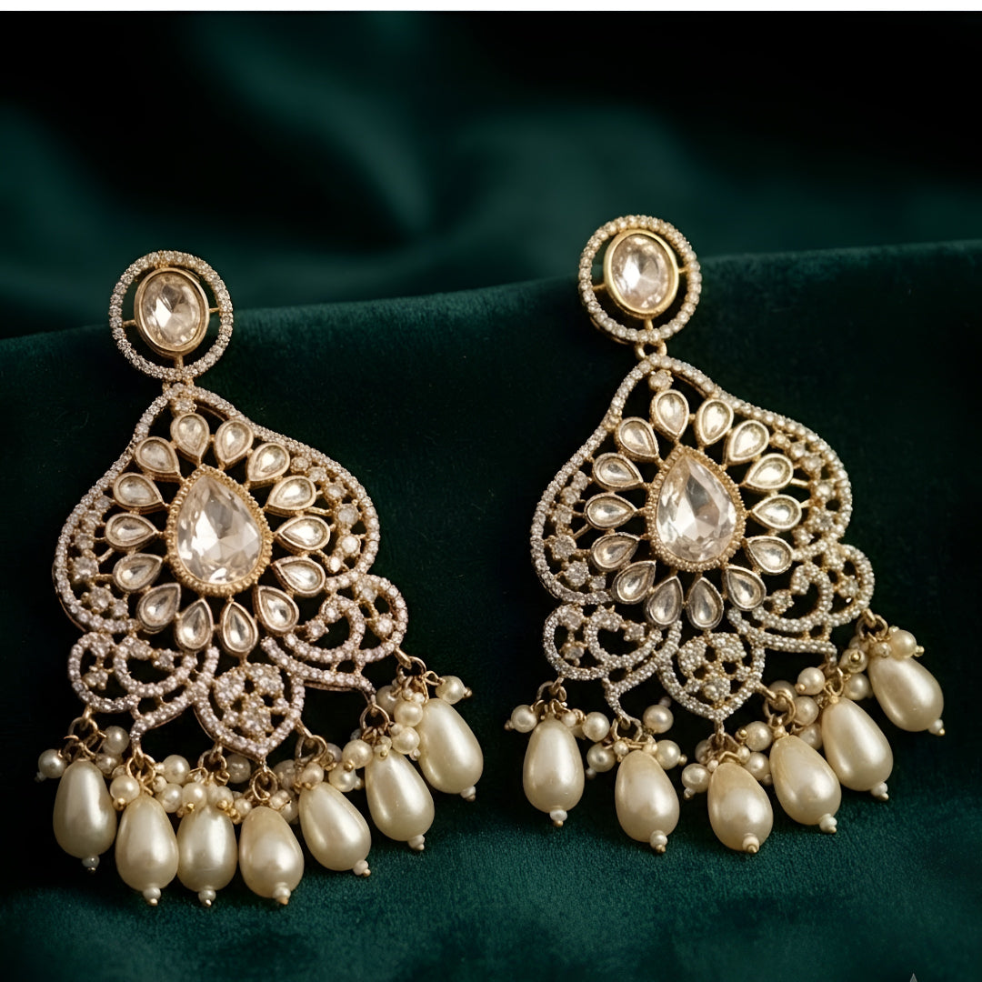 Kundan Pearl Chandbali Earrings for Women | Gold Plated Statement Bridal Earrings with Pearl Drops