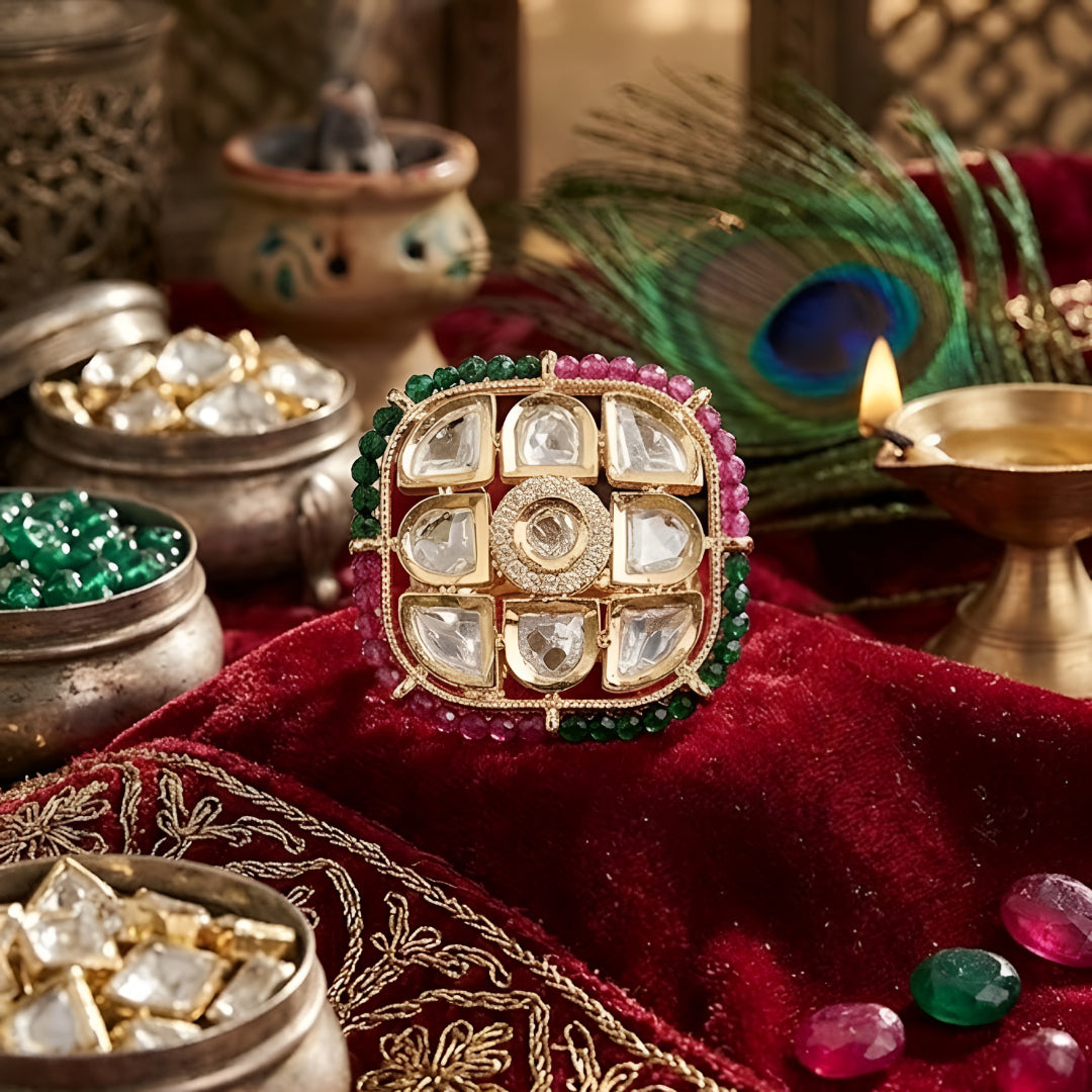 Traditional Kundan Polki Statement Ring with Ruby & Emerald Stones