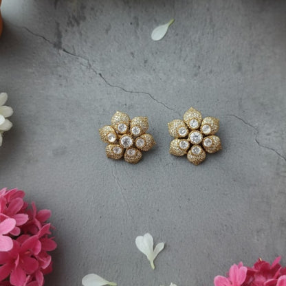 Gold-Plated Floral Stud Earrings with CZ Stones for Women