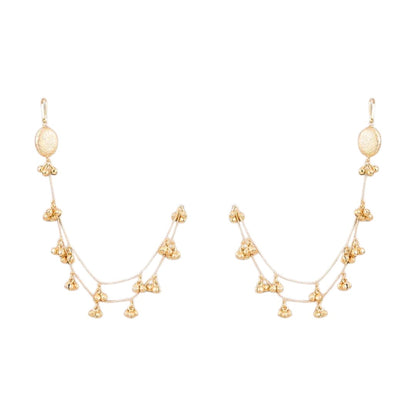 Traditional gold plated dual-layer Kaan Chain with ghungroo charms for women, lightweight bridal ear support chain for weddings, festive occasions, and ethnic wear.