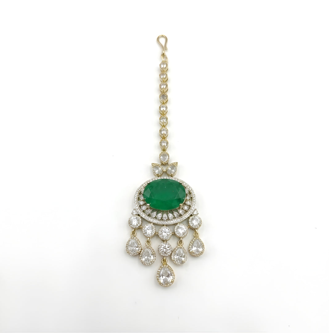 Luxury Green Stone Polki Bridal Maang Tikka with American Diamond Stones and Gold Finish for Wedding & Festive Wear.