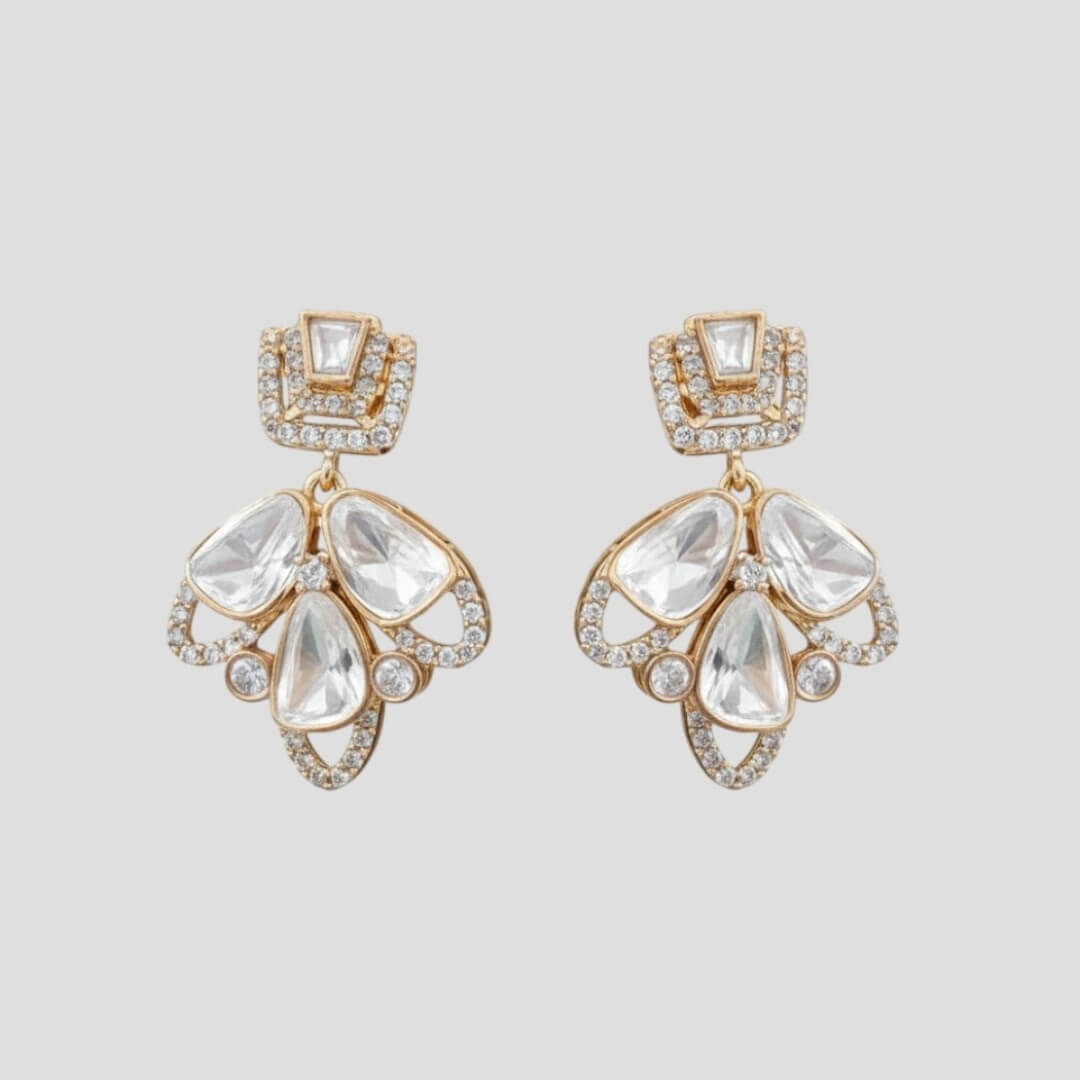 Gold-Plated White AD Stone Bridal Necklace Set with Earrings