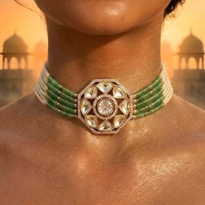 Mint green beaded Kundan choker necklace set featuring a geometric gold-toned centerpiece with matching stud earrings on a white background.