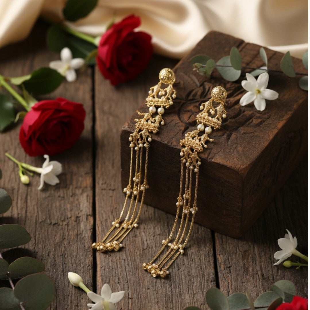 Traditional Long Golden Dangler Earrings with Multi-Strand Pearl Chains
