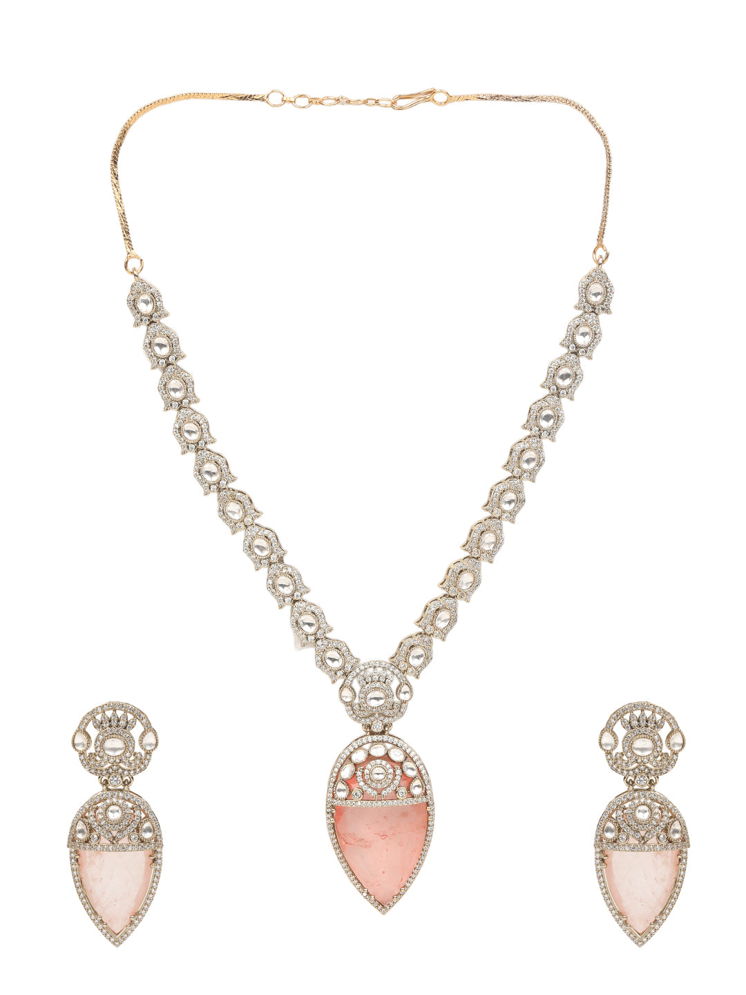 Gold-plated necklace set with peach teardrop pendant and matching statement earrings for bridal and festive wear