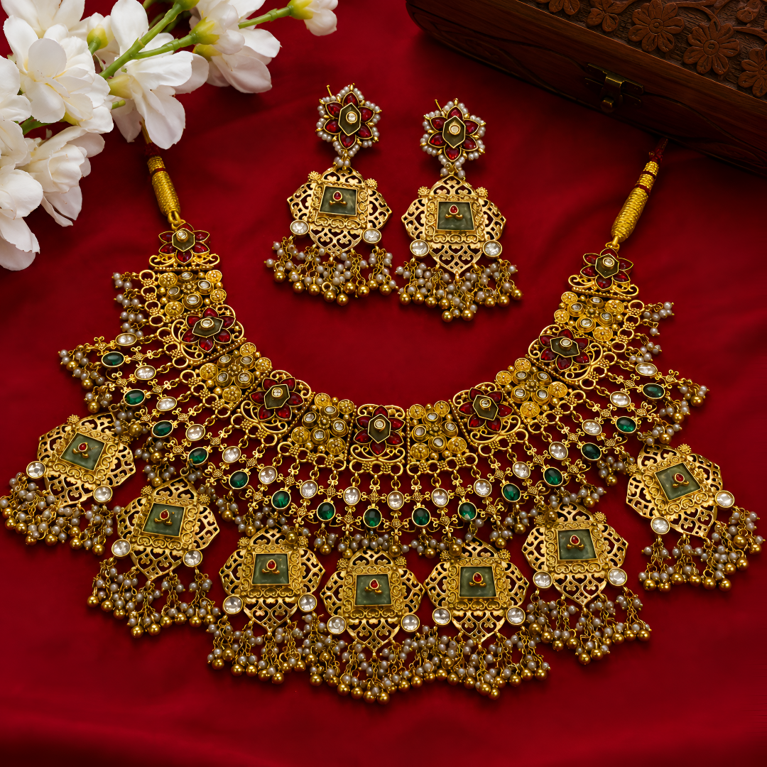 Antique gold filigree bridal choker set with ruby and green stones