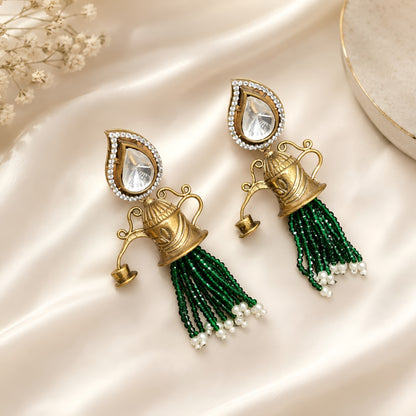 Antique Gold Shivling Temple Bell Tassel Earrings with Green Beads & Kundan Stone | Traditional Ethnic Statement Earrings for Women