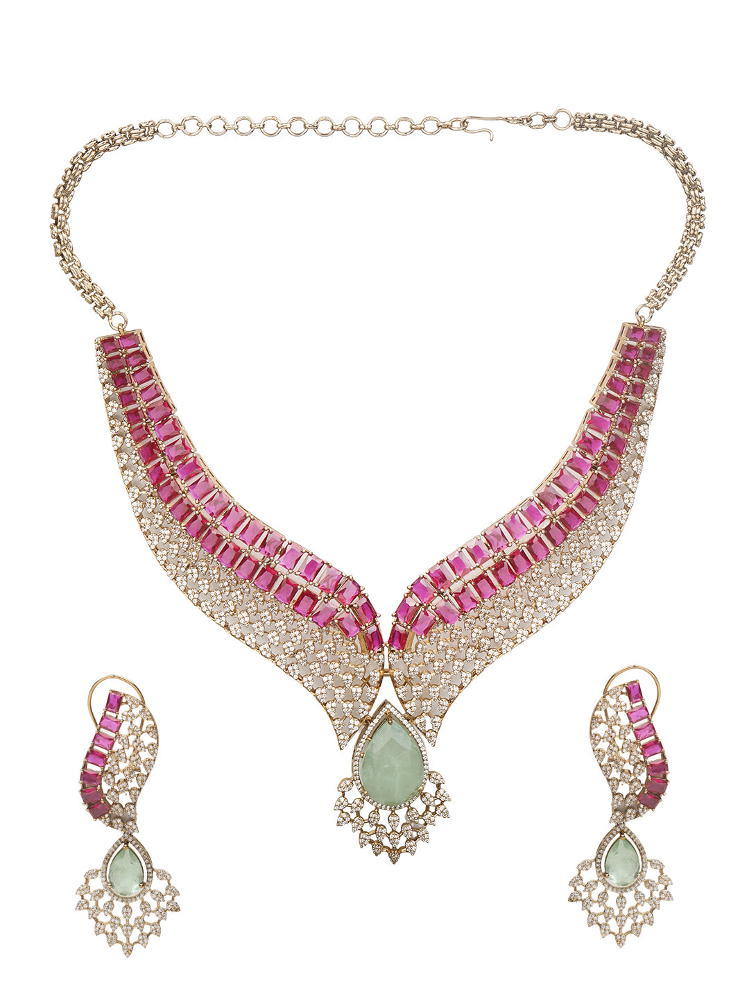 Gold plated ruby and emerald statement necklace set with matching earrings, bridal jewelry design with teardrop green stone and crystal detailing
