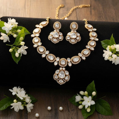 Bridal Kundan-Style White Stone Necklace Set with Earrings - Auraa Trends
