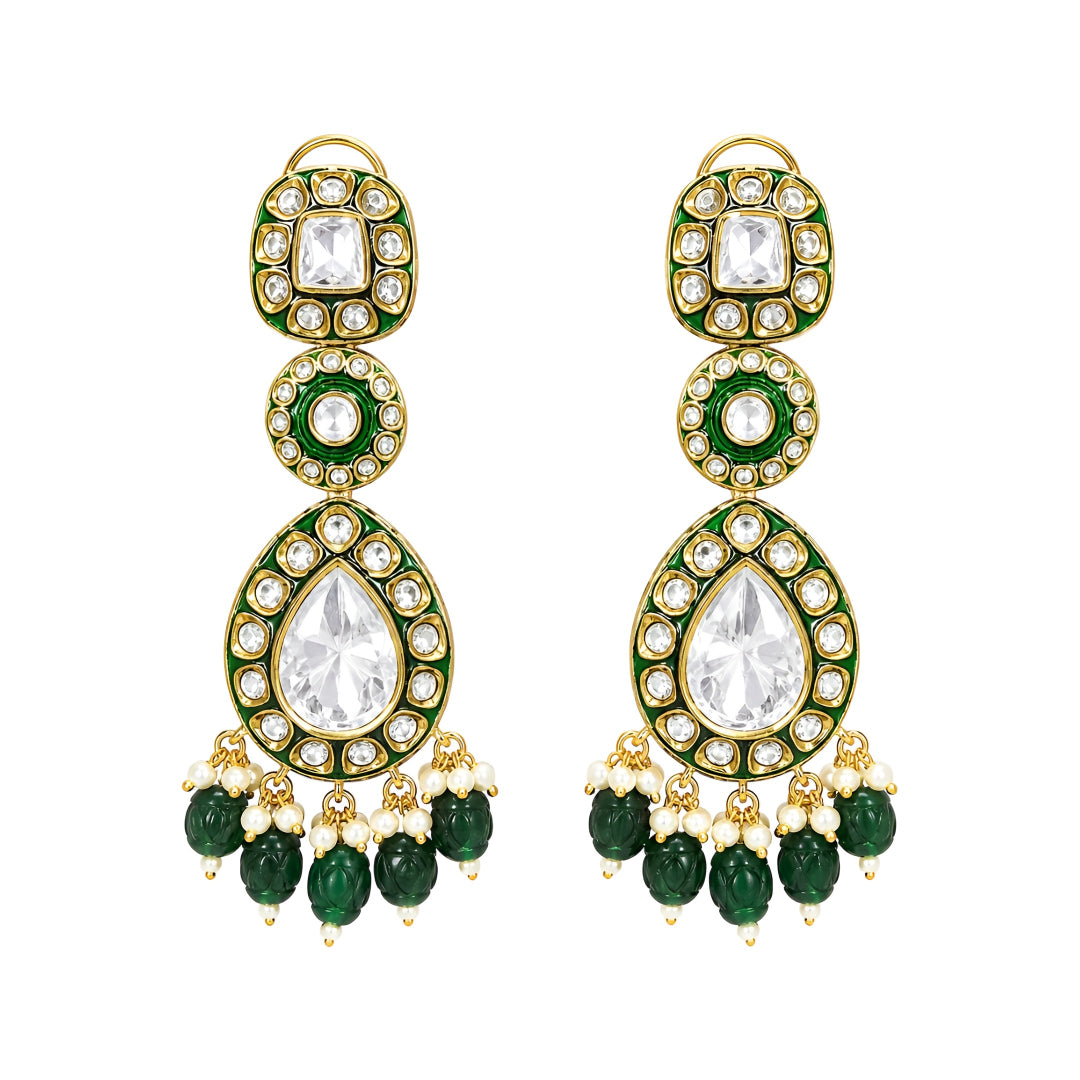 Green Kundan Polki drop earrings with gold finish, pearl clusters, carved green bead tassels, and traditional Indian bridal design.