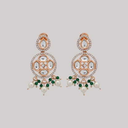 Traditional Kundan-Style Necklace & Earrings Set with Pearl and Green Bead Drops – Rose Gold Finish