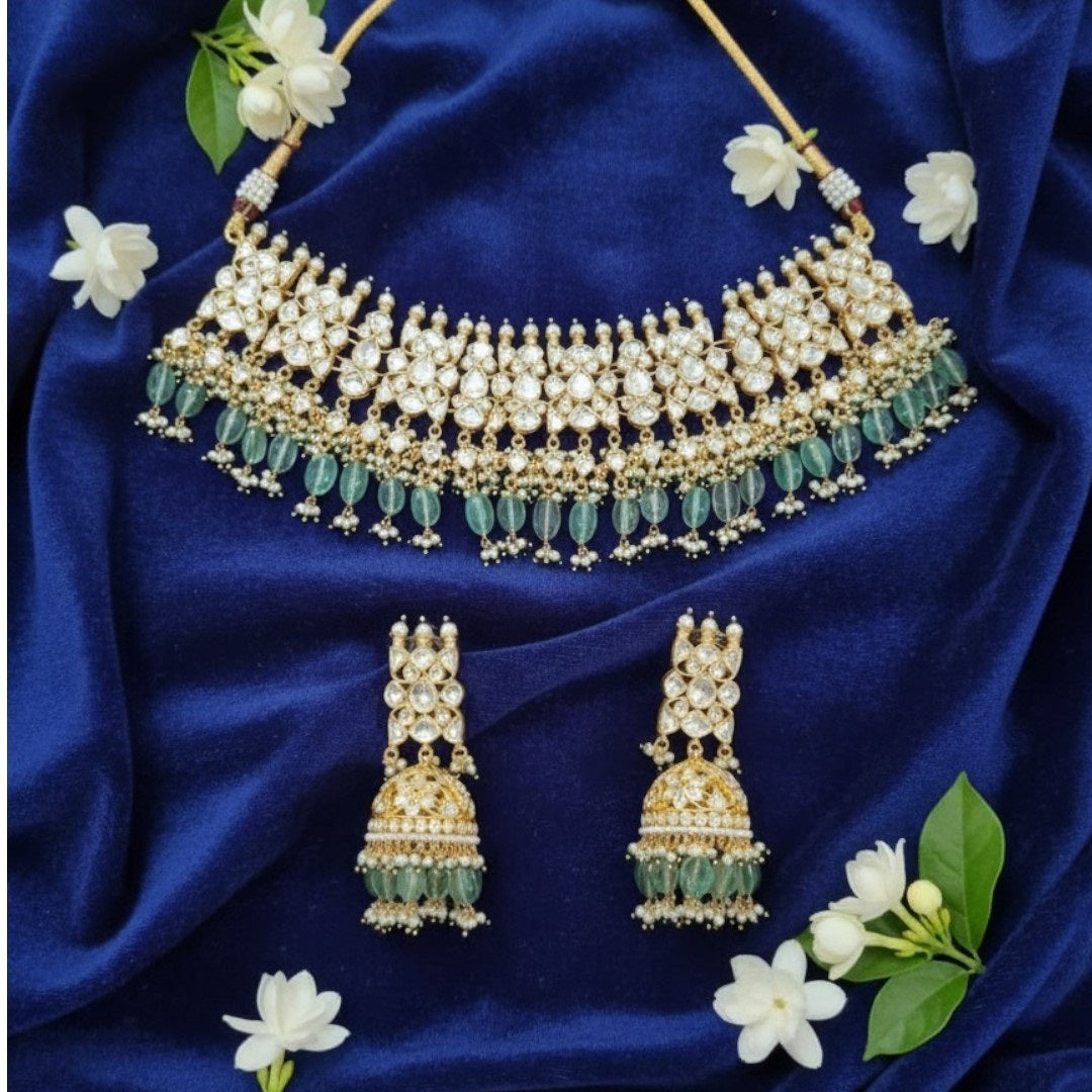 Gold-Plated Kundan Choker Necklace Set with Green Beads & Jhumka Earrings