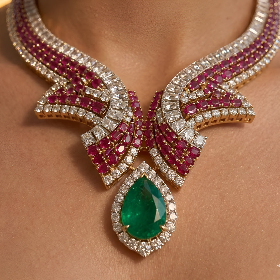 Luxury emerald, ruby and diamond necklace set with matching earrings in white gold featuring pear-shaped emerald gemstones, pink ruby accents and sparkling diamond detailing.