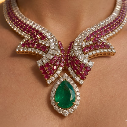 Luxury emerald, ruby and diamond necklace set with matching earrings in white gold featuring pear-shaped emerald gemstones, pink ruby accents and sparkling diamond detailing.