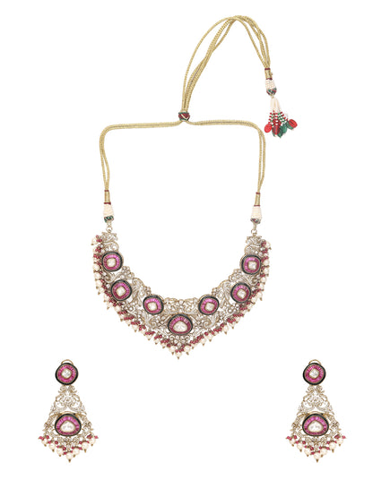 Gold-tone traditional necklace set with pink kundan-style stones, intricate detailing, pearl bead drops, and matching ornate dangling earrings.