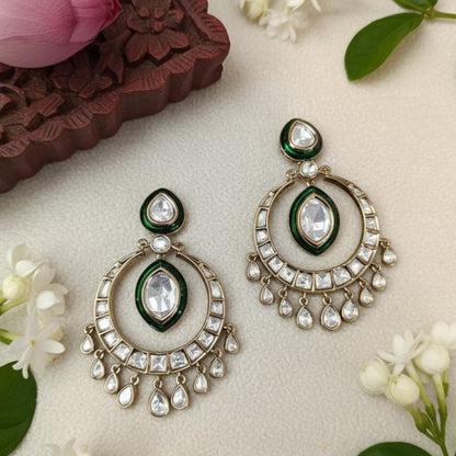 Kundan Mehandi Polish Circular Earrings with Crystal Drops