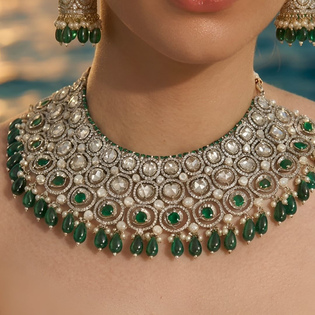 Traditional green Kundan choker necklace set with Polki stones, pearl detailing, green bead drops, and matching jhumka earrings for bridal and wedding wear.
