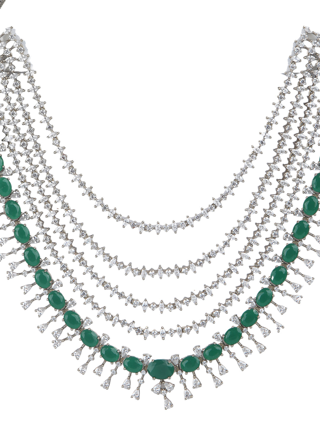 Silver-tone multi-layer emerald green necklace set with chandelier earrings, statement bridal jewelry with oval green stones and crystal detailing