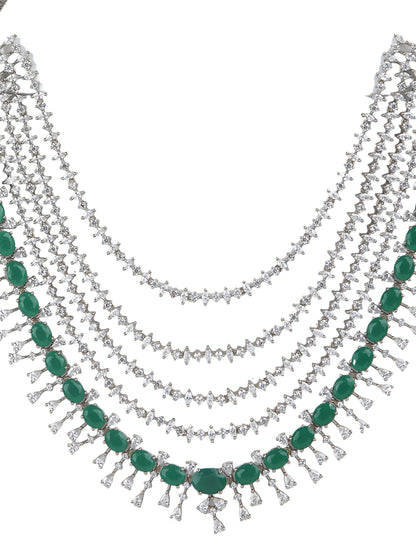 Silver-tone multi-layer emerald green necklace set with chandelier earrings, statement bridal jewelry with oval green stones and crystal detailing