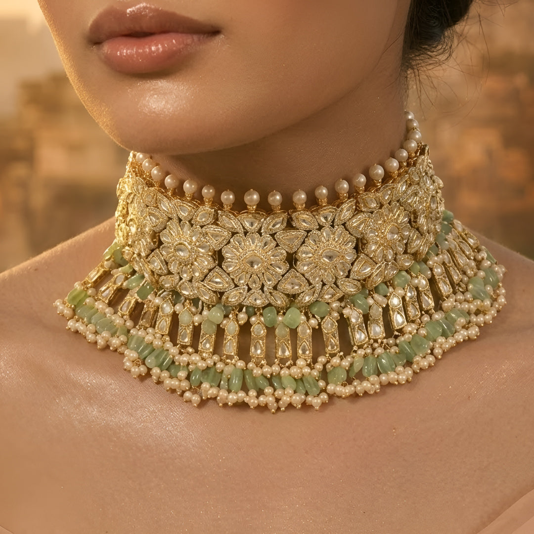 Gold Plated Floral Kundan Choker Necklace Set with Mint Green Beads and Matching Jhumka Earrings for Women Bridal Wedding Jewelry