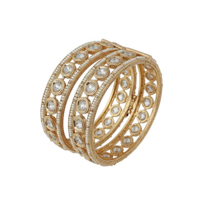 Gold-plated traditional bangles with Kundan stones and pearl embellishments for women