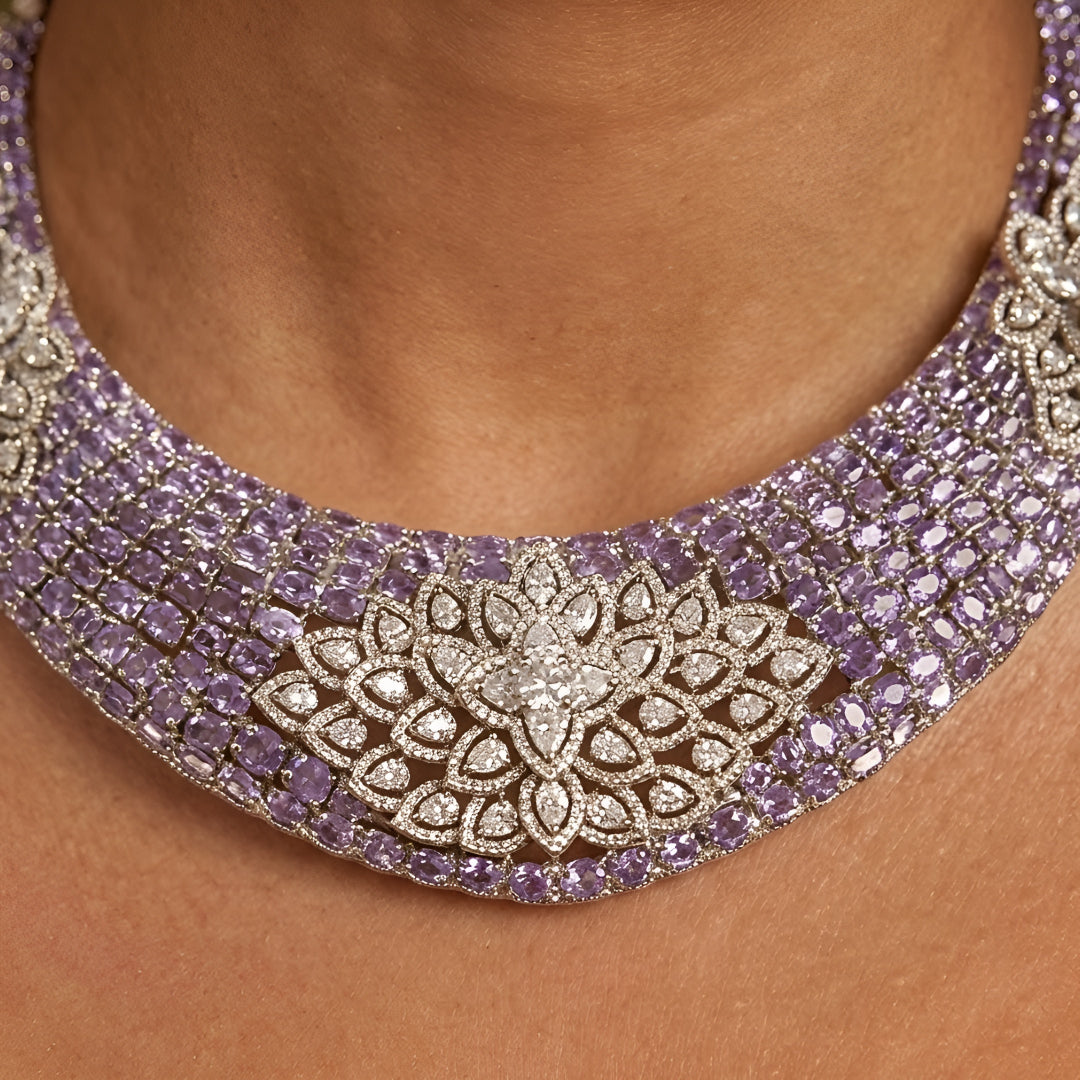 Luxury lavender crystal statement choker necklace set with floral zircon detailing and matching earrings for women.