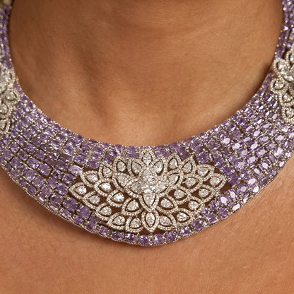 Luxury lavender crystal statement choker necklace set with floral zircon detailing and matching earrings for women.