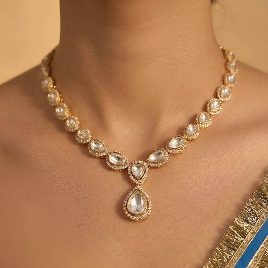 Elegant Gold Plated White Kundan Teardrop Necklace Set for Women