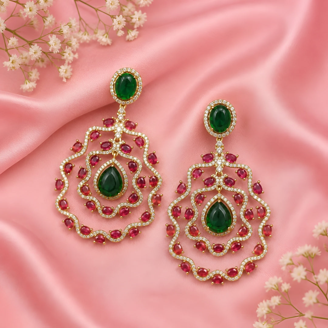 Emerald Green & Ruby Red Stone Designer Earrings for Women | Gold Plated Luxury Bridal Statement Drop Earrings