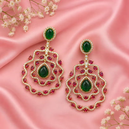 Emerald Green & Ruby Red Stone Designer Earrings for Women | Gold Plated Luxury Bridal Statement Drop Earrings