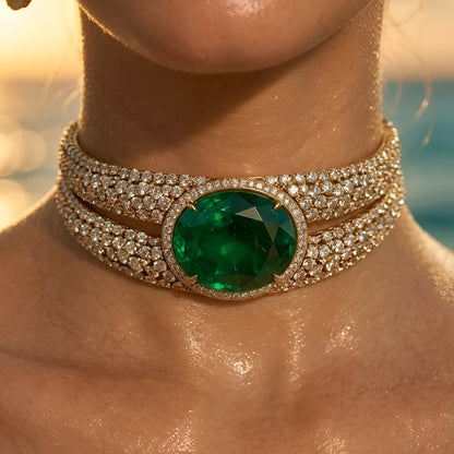 Luxury emerald green stone choker necklace set with sparkling Polki-inspired crystals and matching drop earrings for bridal and wedding jewelry.