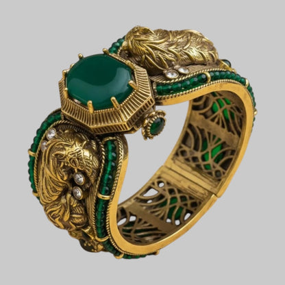 Antique Gold-Plated Green Stone Statement Cuff Bracelet for Women