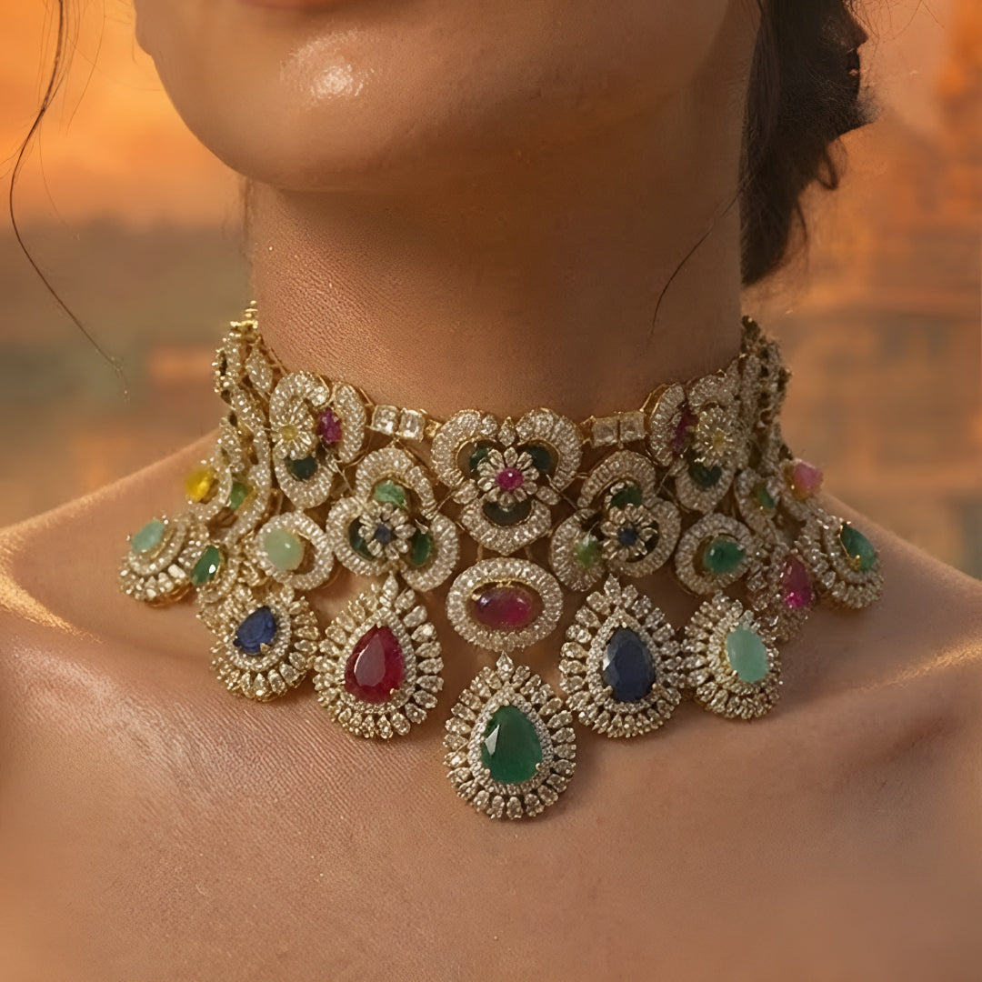 Luxury multicolor bridal choker necklace set with matching earrings featuring gold plating and premium CZ stones for wedding and party wear.