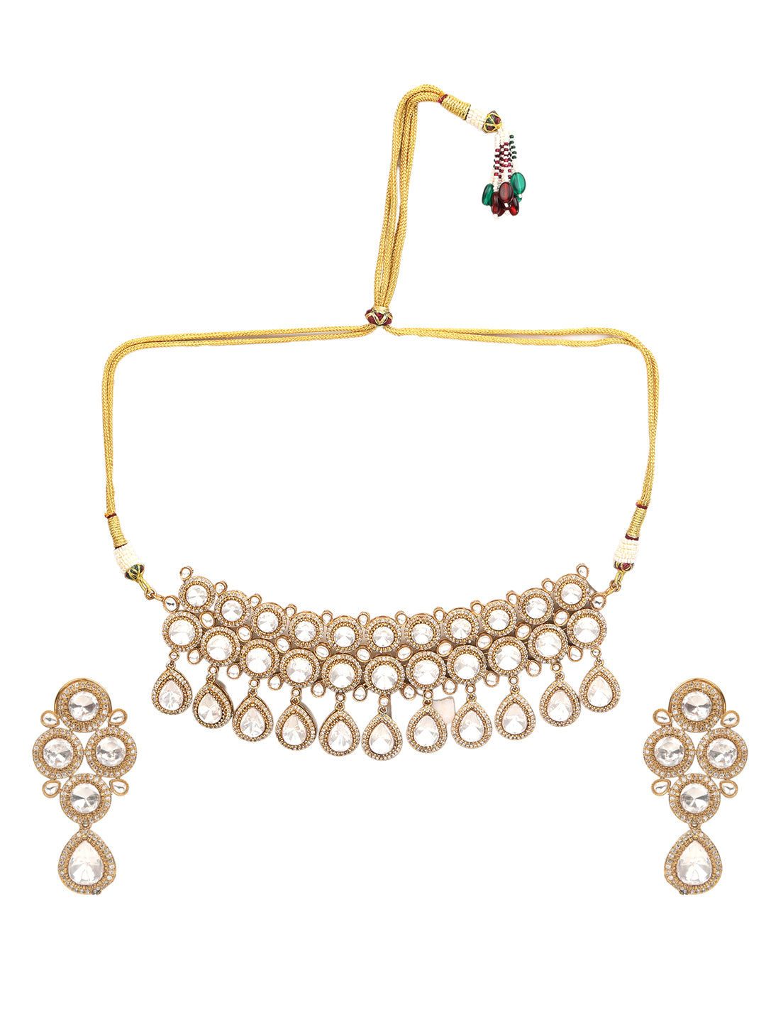 Gold-plated Kundan choker necklace set with teardrop stones and matching earrings for bridal and wedding wear