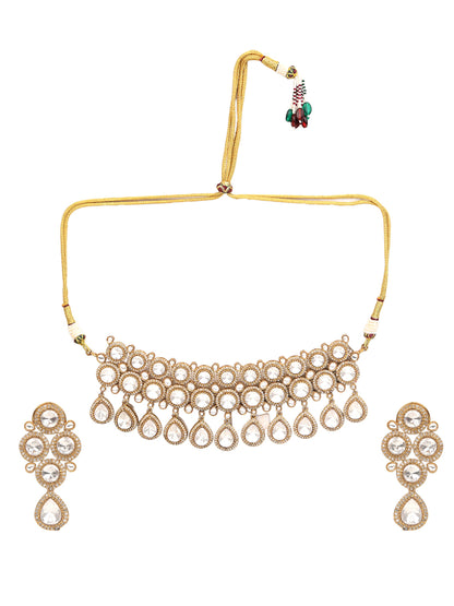 Gold-plated Kundan choker necklace set with teardrop stones and matching earrings for bridal and wedding wear