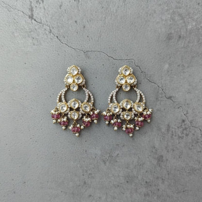 Traditional gold-plated Kundan Chandbali earrings with pink and white beads