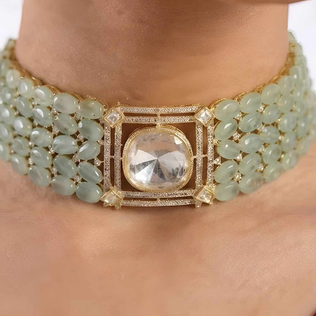 Mint green stone choker necklace set with matching teardrop earrings in gold plating by Auraa Trends