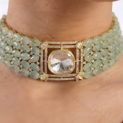 Mint green stone choker necklace set with matching teardrop earrings in gold plating by Auraa Trends