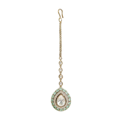 Gold-plated mint green Kundan maang tikka with teardrop American Diamond pendant for bridal, wedding, festive, and ethnic wear.