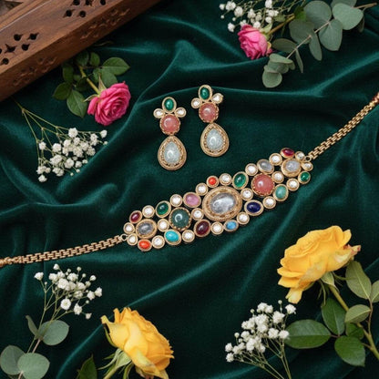 Multicolor Kundan Bracelet Necklace Set for Women - Auraa Trends