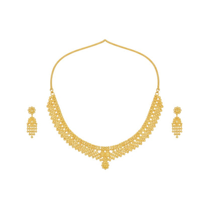 Elegant gold-plated necklace set with pearl-style bead design and matching earrings displayed on a red velvet stand.