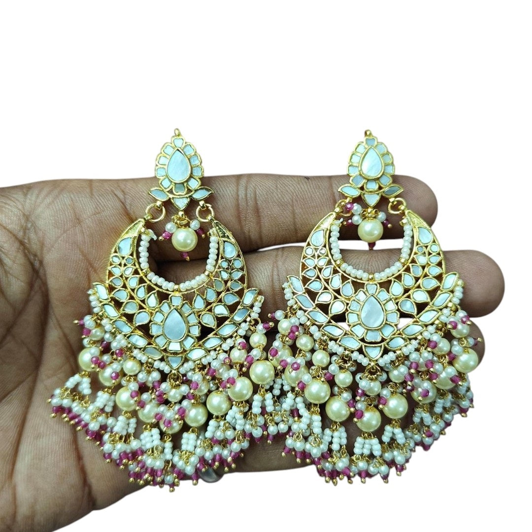 Heavy Gold-Plated Kundan Chandbali Earrings with Pearl & Pink Bead Work
